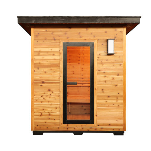 SunRay 4 Person Contemporary Outdoor Sauna with Harvia 6kW Heater and Metal Roof | Denali 400D5 — interior bench layout