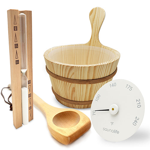 SaunaLife Essentials Set 1 Wood Sauna Bucket and Ladle Set w/ Sand