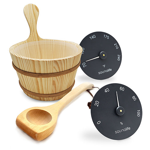 SaunaLife Essentials Set 3 Wood Sauna Bucket and Ladle Set w/ Black