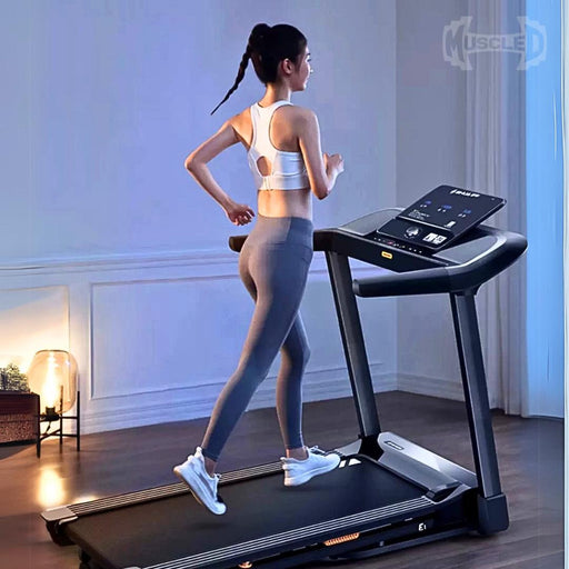 Muscle D Fitness Light Commercial Folding Treadmill - LED Display - Heart Rate Monitor - Safety Clip — front view