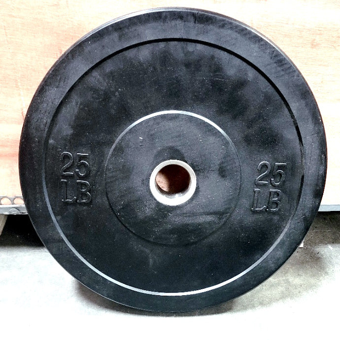 Muscle D Fitness Classic Bumper Plates with Steel Center Hub per Pair - Muscle D Fitness - Virgin Rubber — full setup angle