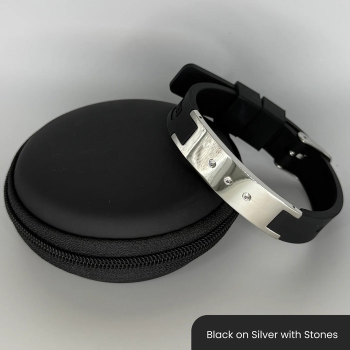 Therasage Bio Bands Sport silicone bracelet, Black on Silver with Stones
