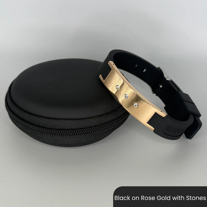 Therasage Bio Bands Sport silicone bracelet, Black on Rose Gold with Stones