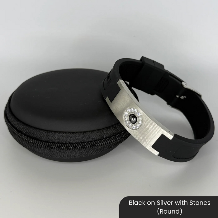 Therasage Bio Bands Sport silicone bracelet, Black on Silver with Stones (Round)