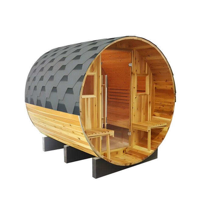 Sunray Oasis 2-4 Person Traditional Canopy Barrel Sauna Oasis 300SC — interior bench layout
