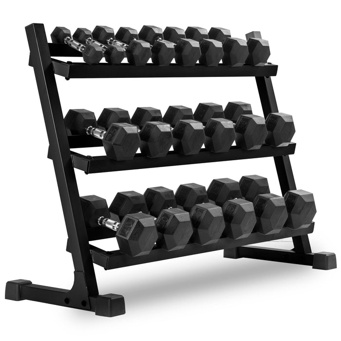 XMARK 5-50 lb Hex Dumbbell Set with Rack and Weight Bench — full setup angle