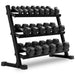 XMARK 5-50 lb Hex Dumbbell Set with Rack and Weight Bench — full setup angle