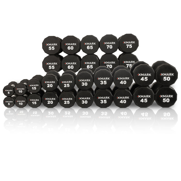 XMARK 12-Sided Commercial Urethane Dumbbells (5-50 lb and 5-75 lb Sets) — side profile