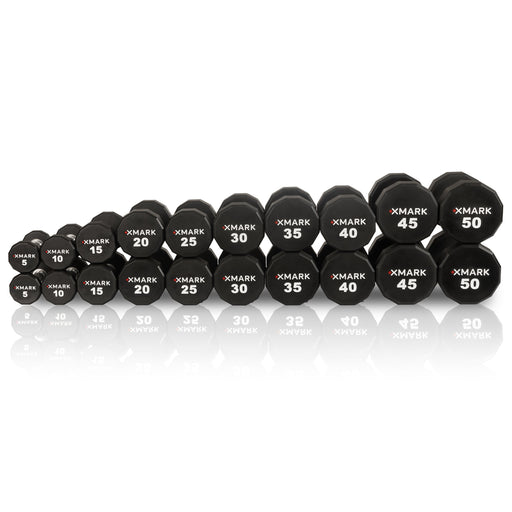 XMARK 12-Sided Commercial Urethane Dumbbells (5-50 lb and 5-75 lb Sets) — adjustment mechanism