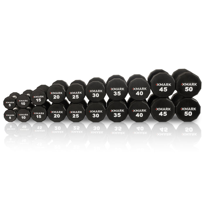 XMARK 12-Sided Commercial Urethane Dumbbells (5-50 lb and 5-75 lb Sets) — adjustment mechanism
