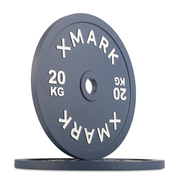 XMARK Powerlifting Calibrated Steel Plates (kg) — full setup angle