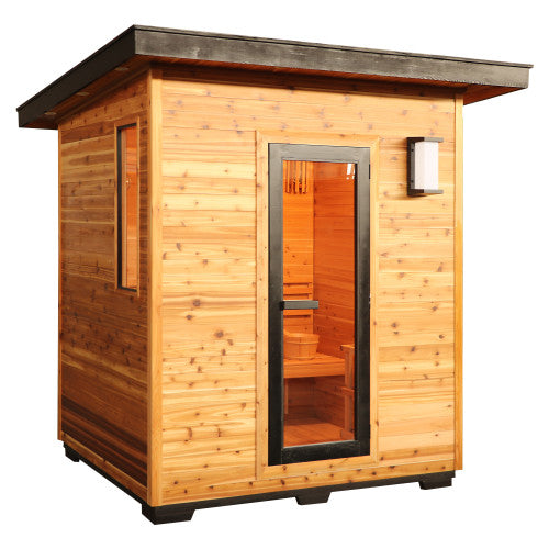 SunRay 4 Person Contemporary Outdoor Sauna with Harvia 6kW Heater and Metal Roof | Denali 400D5 — heater and controls