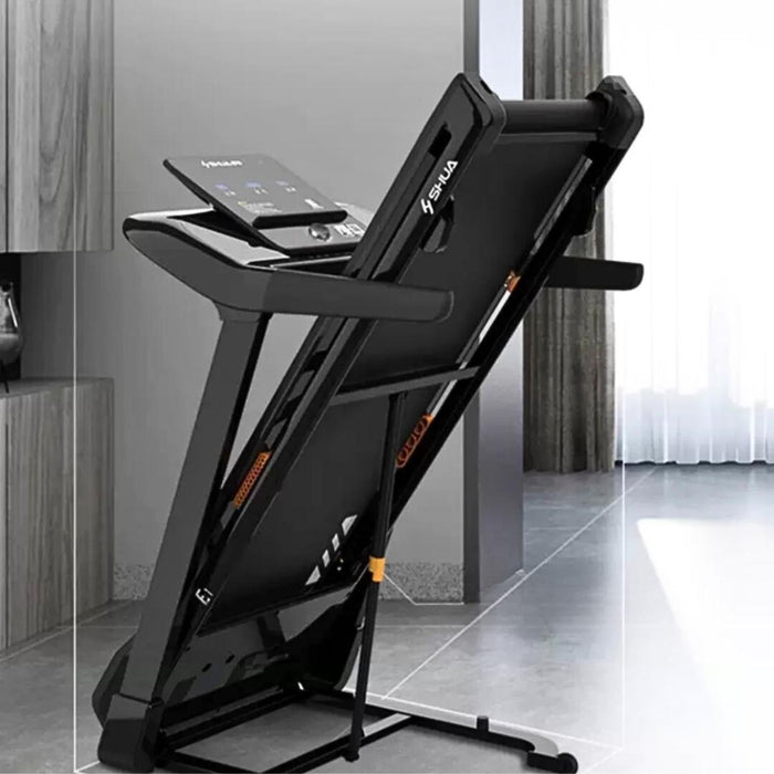 Muscle D Fitness Light Commercial Folding Treadmill - LED Display - Heart Rate Monitor - Safety Clip — flywheel detail