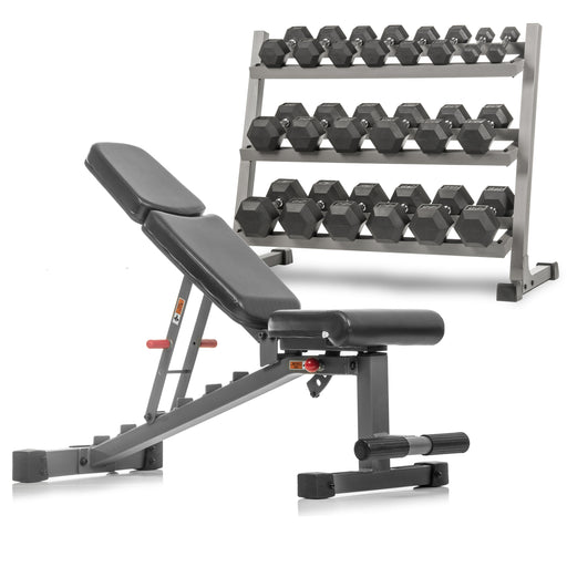 XMARK 5-50 lb Hex Dumbbell Set with Rack and Weight Bench — front view