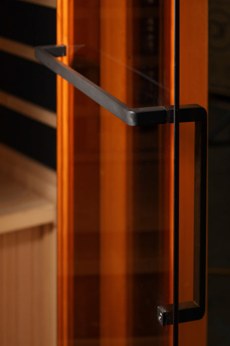 Golden Designs Reserve Edition 1-person full spectrum sauna black finish interior towel bar detail