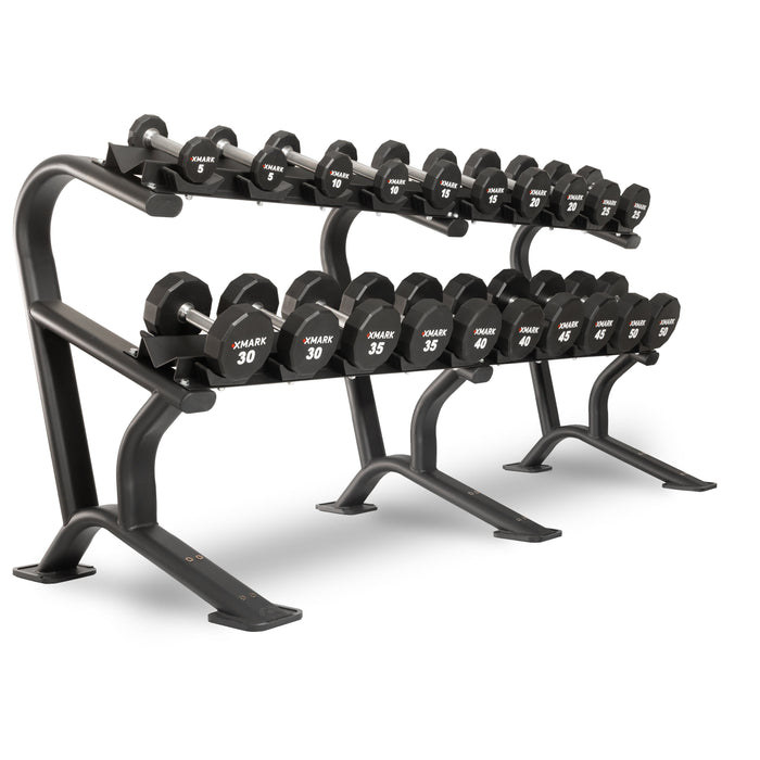 XMARK 12-Sided Commercial Urethane Dumbbells (5-50 lb and 5-75 lb Sets) — grip and contact surface