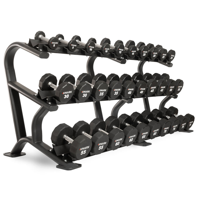 XMARK 12-Sided Commercial Urethane Dumbbells (5-50 lb and 5-75 lb Sets) — full setup angle