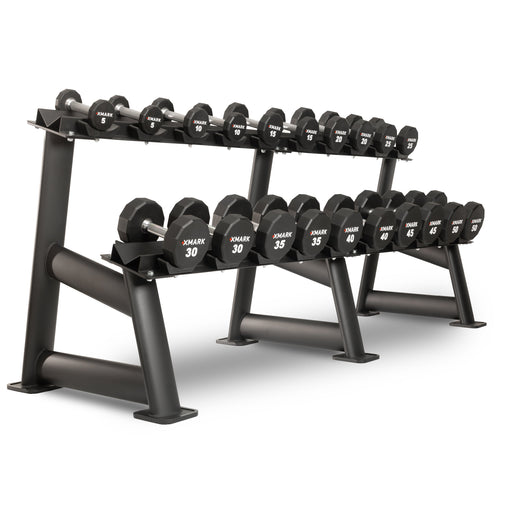 XMARK 12-Sided Commercial Urethane Dumbbells (5-50 lb and 5-75 lb Sets) — weight load capacity