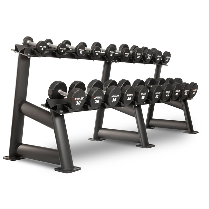 XMARK 12-Sided Commercial Urethane Dumbbells (5-50 lb and 5-75 lb Sets) — weight load capacity