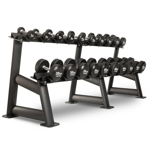 XMARK Round Commercial Urethane Dumbbells  (5-50 lb and 5-75 lb Sets) — weight load capacity