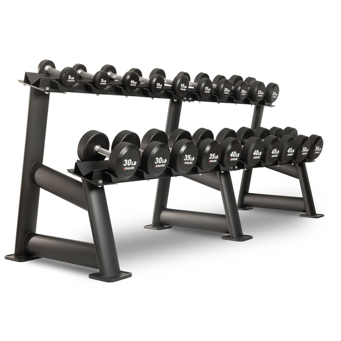 XMARK Round Commercial Urethane Dumbbells  (5-50 lb and 5-75 lb Sets) — weight load capacity