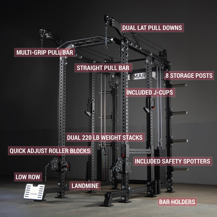 XMARK Commercial Power Rack Cable Machine, 440 lbs Total Stack Weight — full setup angle