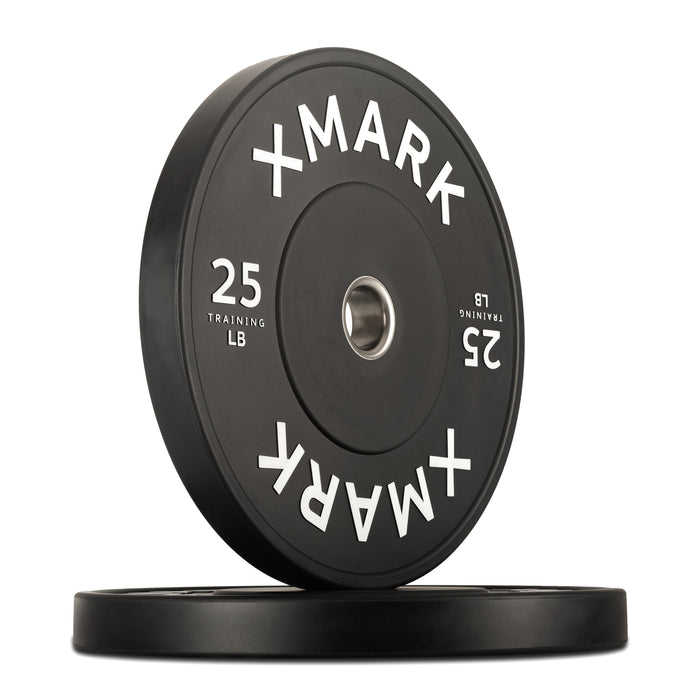XMARK Commercial Black Bumper Plates (LB) — full setup angle