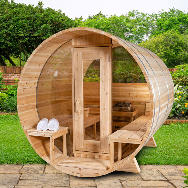 Dundalk Serenity barrel sauna with halfmoon windows