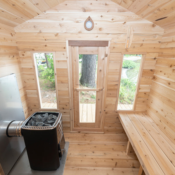 Georgian cabin sauna interior, shown with optional heater