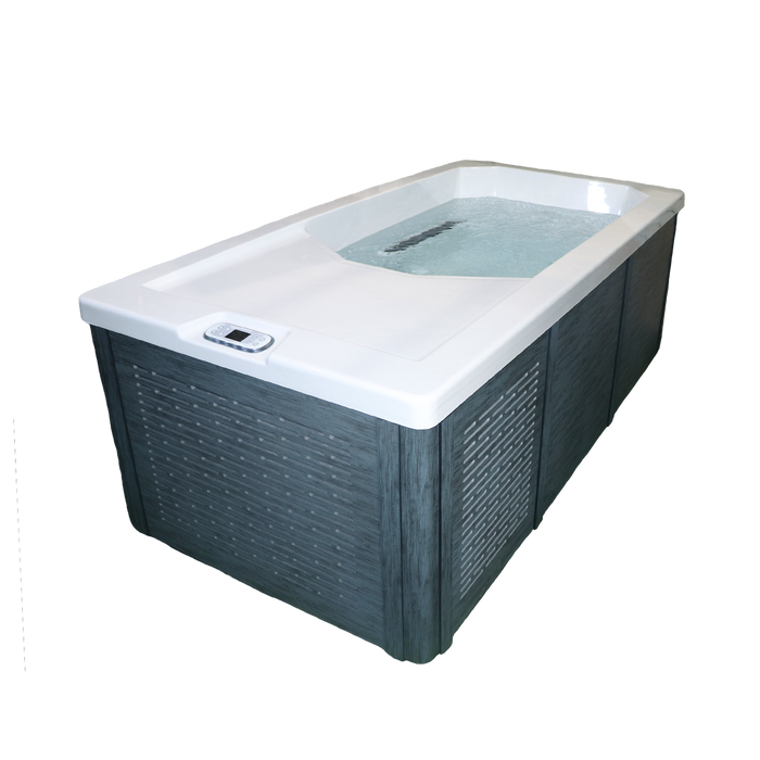 Chill Therapy CHILL1000 cold plunge tub angled view with grey cabinet
