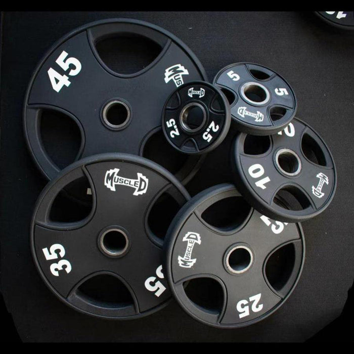Muscle D Fitness Pro Urethane Coated Olympic Plates - Per Pair / Set Olympic Weight Pair — full setup angle