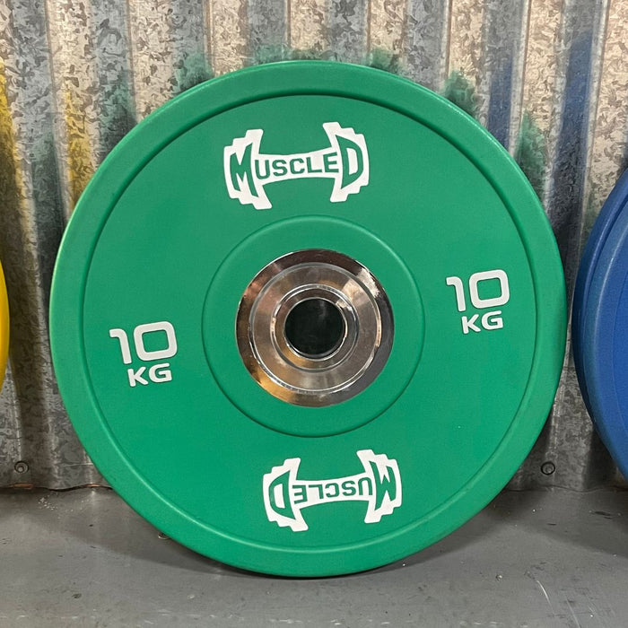 Muscle D Fitness Color Urethane Bumper Plates - Smooth Hub - Made for Heavy Use — in use demonstration