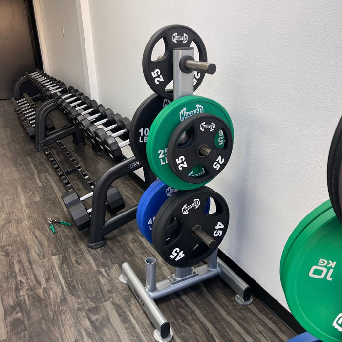 Muscle D Fitness Color Urethane Bumper Plates - Smooth Hub - Made for Heavy Use — full setup angle
