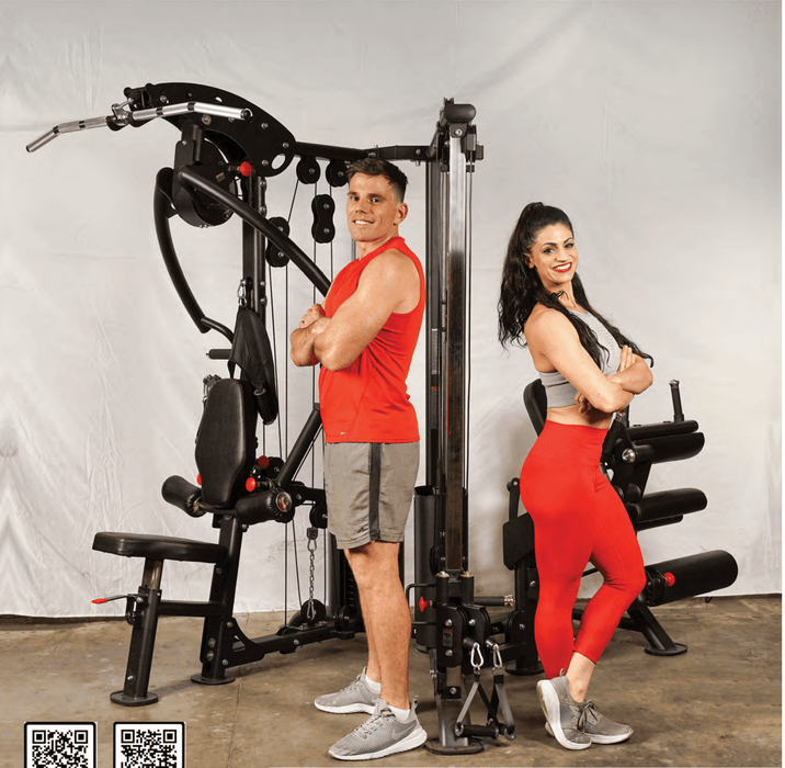 Muscle D Fitness Megatron Corner Gym - Leg Extension/Leg Curl - Cable Fly - Functional Column - Chest Press - Seated Row - Lat Pulldown