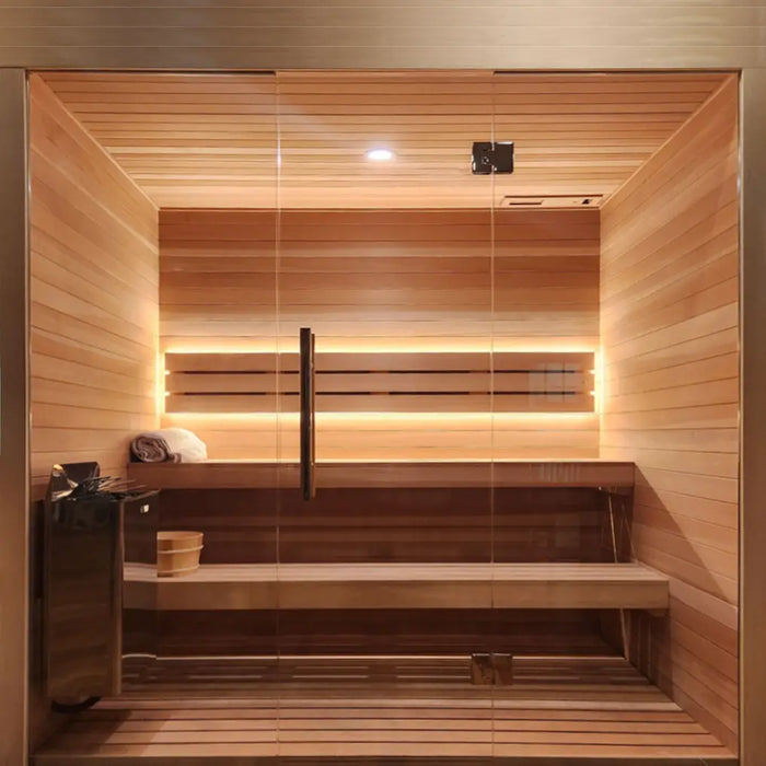Finnish Sauna Builders Custom Indoor Sauna Room - 7' x 8' x 8' - Finnish Sauna Builders — glass door detail