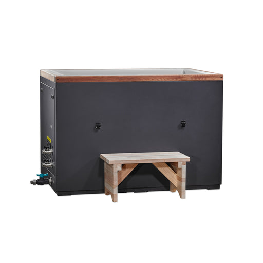 Dynamic Cold Therapy Cuboid stainless steel cold plunge front view with cedar step and valves
