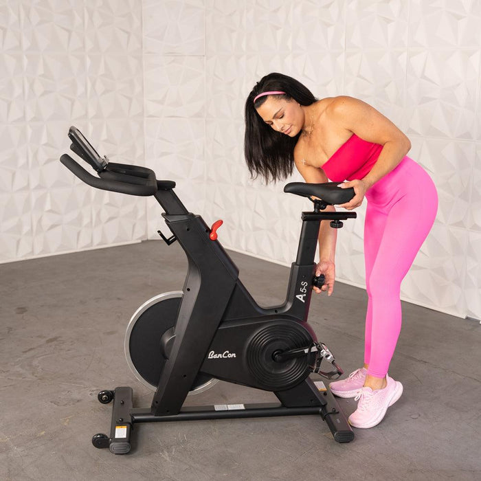 Muscle D Fitness Home Upright Bike - Muscle D Fitness - Exercise Bike - Adjustable Seat and Handle Bars — folded position
