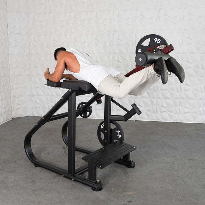 Muscle D Fitness Pro Strength Reverse Hyper - Adjustable Roller Pad, Plate Loaded — full setup angle