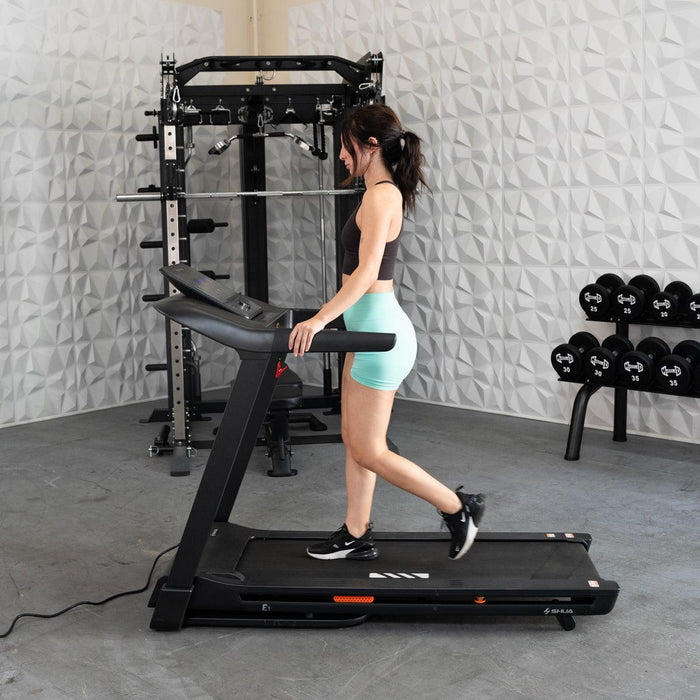 Muscle D Fitness Light Commercial Folding Treadmill - LED Display - Heart Rate Monitor - Safety Clip — side profile