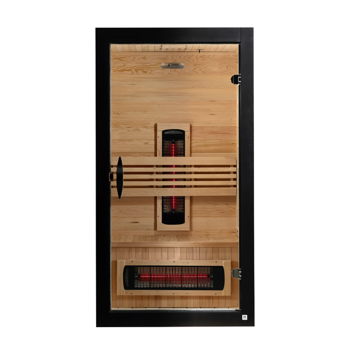 Dynamic Santorini sauna front view with clear glass door