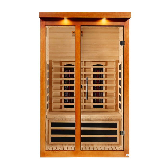 Dynamic Llumeneres sauna front view with tempered glass door