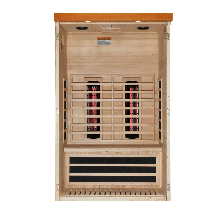 Llumeneres sauna interior with front wall removed showing bench and heaters