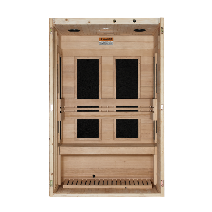 Dynamic Lucca 2-person ultra low EMF sauna cutaway interior view without front wall