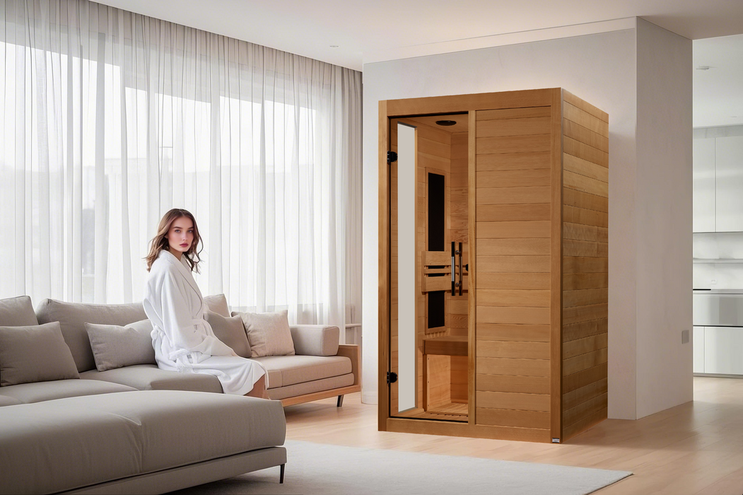 Dynamic Lucca 2-person ultra low EMF sauna side angle view
