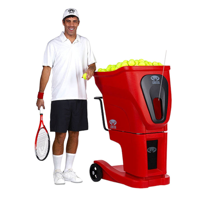 Tennis player standing beside the Lobster Phenom commercial tennis ball machine
