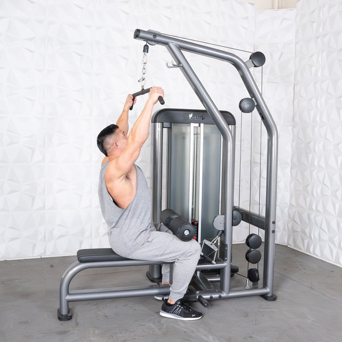 Muscle D Fitness Elite Plus Lat / Low Row - Commercial Seat - Pin Selectorized - Back Workout — full setup angle