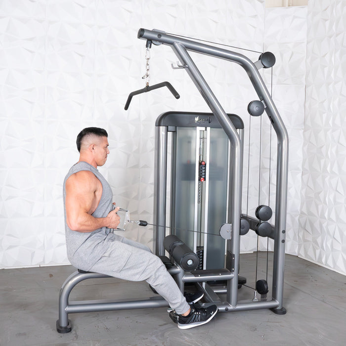 Muscle D Fitness Elite Plus Lat / Low Row - Commercial Seat - Pin Selectorized - Back Workout — close-up detail