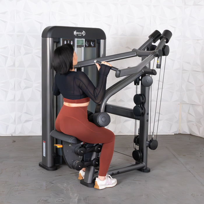 Muscle D Fitness Elite Plus Lat Pulldown - Commercial - Adjustable Seat - Pin Selectorized - Back Workout — side profile