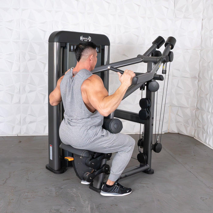 Muscle D Fitness Elite Plus Lat Pulldown - Commercial - Adjustable Seat - Pin Selectorized - Back Workout — full setup angle