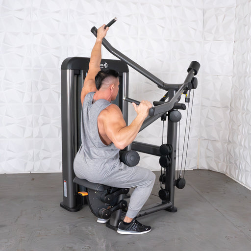 Muscle D Fitness Elite Plus Lat Pulldown - Commercial - Adjustable Seat - Pin Selectorized - Back Workout — front view